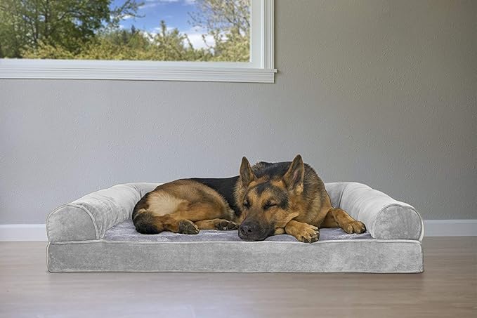 Furhaven Orthopedic Dog Bed for Large Dogs w/ Removable Bolsters & Washable Cover, For Dogs Up to 95 lbs - Faux Fur & Velvet Sofa - Smoke Gray, Jumbo/XL-PawvioPets