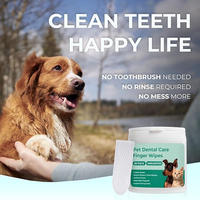 Dog Teeth Cleaning Wipes 50 Pack, Reduces Plaque and Freshens Breath, Dog Dental Wipes Dog Tooth Brushing Kit, No-Rinse Dog Toothbrush Finger Wipes Dental Care for Dogs Cats-PawvioPets