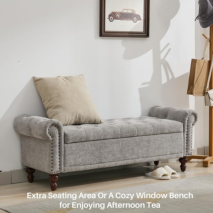 58.1'' Storage Bench Upholstered Chenille End of Bedroom Bed Bench Ottoman with Tufted Cushioned Rolled Arm Large Storage Space for Reading Living Room Entryway, Light Grey-PawvioPets