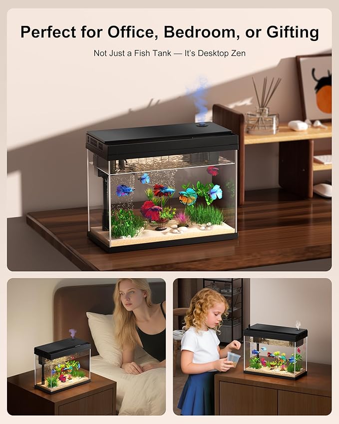 Fish Tank with Desktop Humidifier, 2.38 Gallon Quiet Eco Aquarium,Smart Touch LED Light & Temperature Display, Glass Mini Fish Tank-PawvioPets