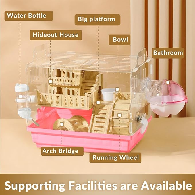 Cycodo 8 in 1 Acrylic Hamster Cage,2-Tier Dwarf Hamster Cage with Wooden Wheel & Hideout,Small Hamster Habitat with Accessories,Clear Pet Mice House(Pink,14" L*10" W*11" H)-PawvioPets