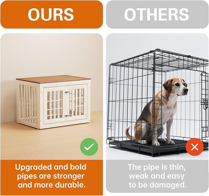 32" Heavy Duty Dog Crate Furniture for Small,Medium and Large Dogs,Rustic Wooden Dog Cage Kennel Indoor Furniture with Waterproof Top,Decorative Pet House Side End Table (White & Wood)-PawvioPets