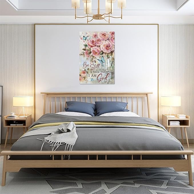 Farmhouse Rose Wall Art Christian Scripture Pictures Pink Rose Wall Decor Rustic Floral Butterfly Canvas Print Painting Artwork for Bathroom Living Room Bedroom 16"x24"-PawvioPets