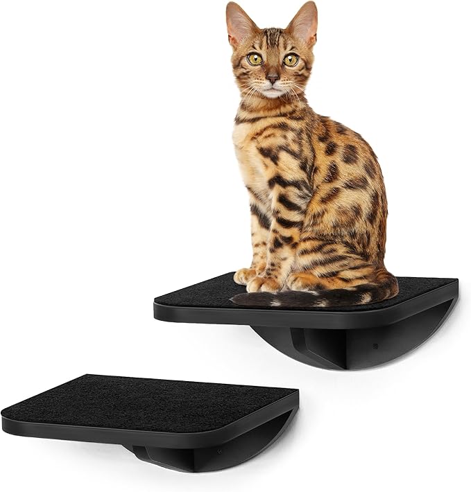 2-Piece Cat Wall Steps with Grey Felt Pads, Floating Cat Wall Perches and Climbing Steps, Wall Mounted Shelf for Small and Large Cats-PawvioPets