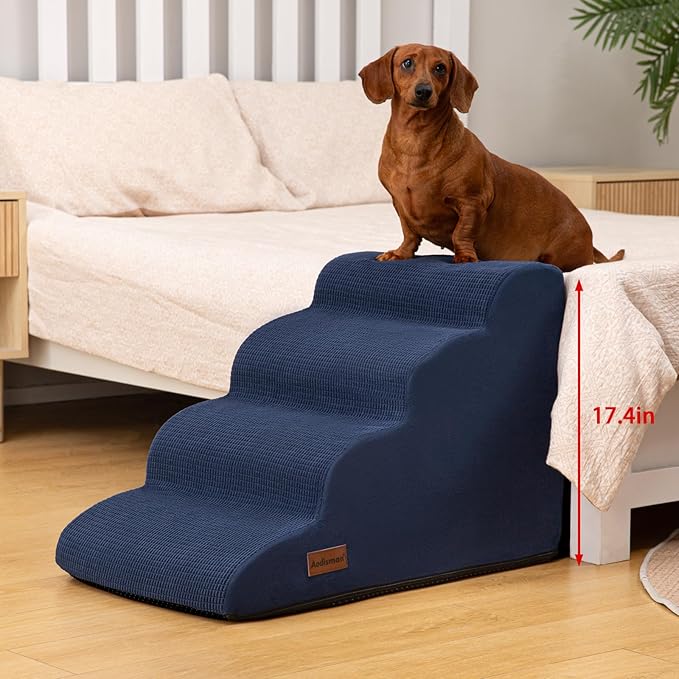4-Step Dog Stairs and Ramp for Beds or Couches,Non-Slip Sturdy Pet Steps for Small Dogs and Cats,17.4" H,Blue-PawvioPets