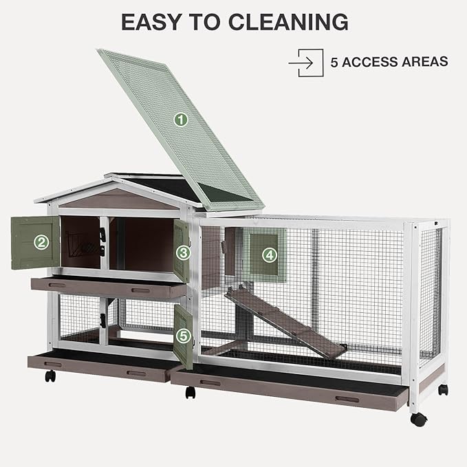 2-Story Indoor Rabbit Hutch with Chew-Proof Outdoor Rabbit Cage with 6 Locking Casters Bunny Cage 2 Pull-Out Trays Guinea Pigs Cage 62" Brown-PawvioPets