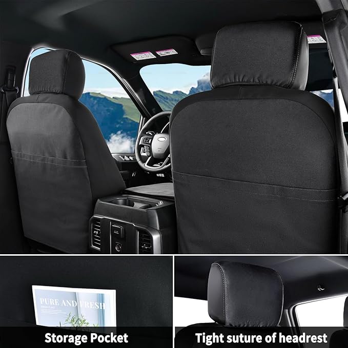 Coverado Front Seat Covers, Waterproof Canvas Seat Protector for Car Seat Cushions for Kids & Dogs, Compatible with 2015-2025 Ford F150 & 2017-2025 Ford F250 F350 F450(Black, 2PCS)-PawvioPets