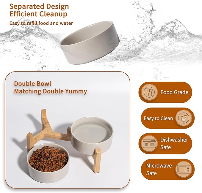 Elevated Ceramic Dog Bowl Set - Raised Feeding Bowls with Non-Slip Bamboo Stand - Small Pet Dishes for Food and Water - Ideal for Cats and Puppies - 16.23 OZ - 2 Cups - 480 ML-PawvioPets