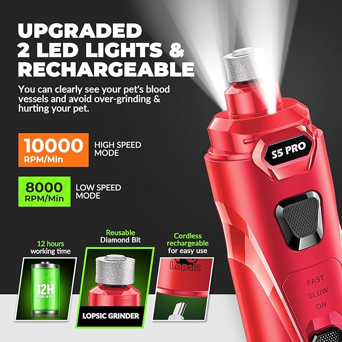 Dog Nail Grinder with 2 LED Lights Powerful 2 Speeds Super Quiet Dog Nail Trimmers with 3 Grinding Wheels Rechargeable Pet Dog Nail Clippers for Large Medium Puppy Dogs Dog Nail File Cat Nail Clipper-PawvioPets