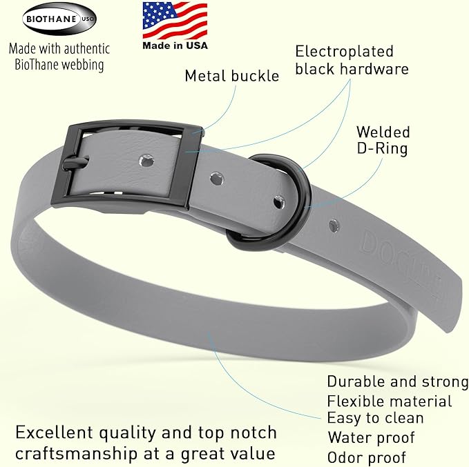 Dogline Biothane Waterproof Dog Collar Strong Coated Nylon Webbing with Black Hardware Odor- Proof for Easy Care Easy to Clean High Performance Fits Small Medium or Large Dogs, Battleship Gray-PawvioPets