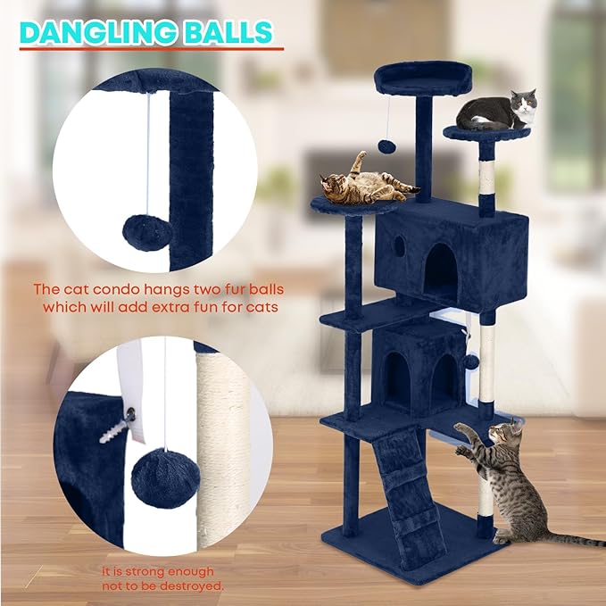 FDW Cat Tree 70in Cat Tower Multi-Level Durable Cat Scratching Post & Cozy Fun Cat Jumping Platform Space Saving Cat Condo Pet Play House for Indoor Cats,Navy Blue-PawvioPets