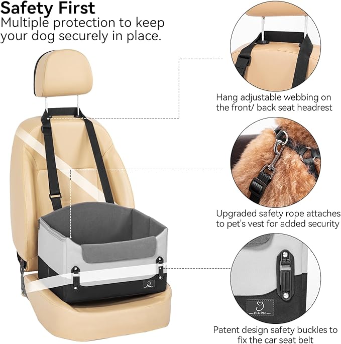 A4Pet Dog Car Seats for Small Dogs, Booster Car Seat with Patent Buckles & Clip-On Safety Leash, Pet Seat for Puppy Small Dogs Cats Under 25 Lbs, Grey-PawvioPets