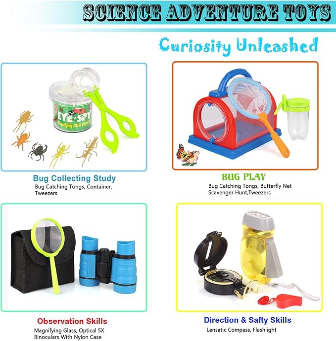 ESSENSON Outdoor Explorer Kit & Bug Catcher Kit with Binoculars, Compass, Magnifying Glass, Critter Case and Butterfly Net Great Toys Kids Gift for Boys & Girls Age 3-12 Year Old Camping Hiking-PawvioPets