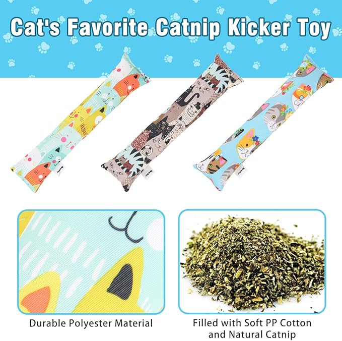 BINGPET 3 Pcs Catnip Toy Cat Kicker Toys, Durable and Bite Resistant Cat Chew Toy, Filled with Natural Catnip, Indoor Kitty Kick Pillow Toy with Cute Printing-PawvioPets
