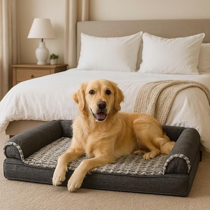 Furhaven Orthopedic Dog Bed for Large Dogs w/ Removable Bolsters & Washable Cover, For Dogs Up to 95 lbs - Luxe Faux Fur & Performance Linen Sofa - Charcoal, Jumbo/XL-PawvioPets