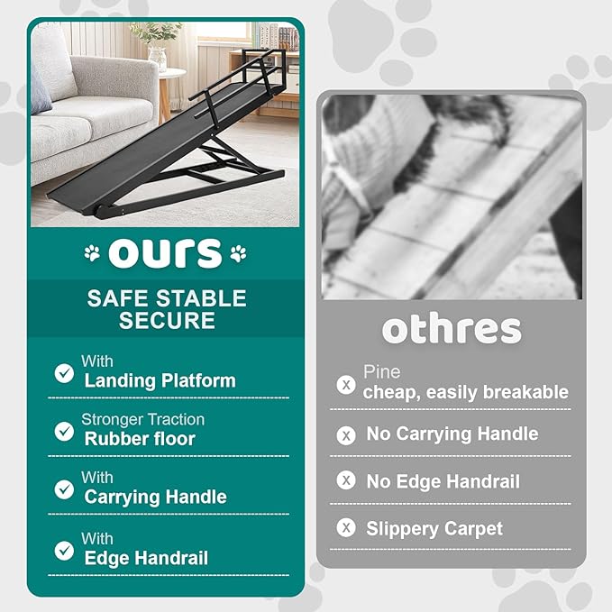 Dog Ramp for Bed, Adjustable Pet Ramps for Dog to Get on Bed, Non-Slip Rubber Surface - Folding Wooden Dog Ramp for Small/Large/Old Dogs, Adjustable up to 31 inch High Beds, Safety Railings-PawvioPets