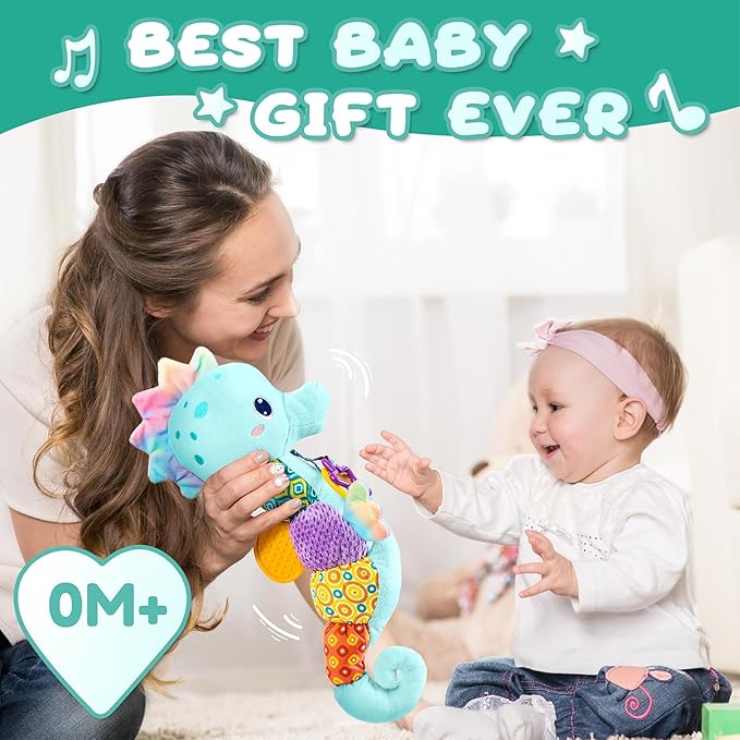Baby Toys 0 to 12 Months, Musical Stuffed Animal Activity Soft Toys with Multi-Sensory Crinkle, Rattle and Textures, Infant Tummy Time Toys for Newborn Boys, Seahorse, Blue-PawvioPets