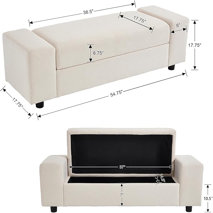 Beige Storage Bench for Entryway, 55" Bedroom Ottoman with Storage Large Linen Fabric Upholstered End of Bench with Lip for Living Room/Bedroom/Lounge/Shop, Beige-PawvioPets