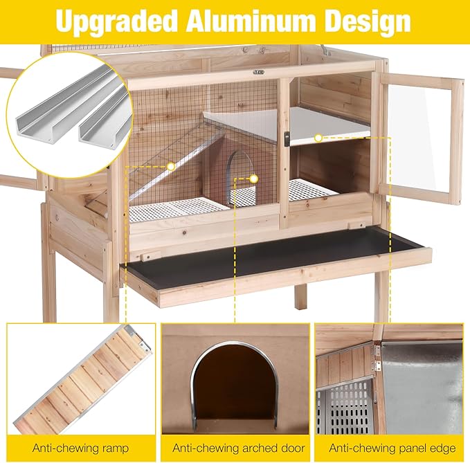 Aivituvin Wooden Guinea Pig Cages Indoor with Removable Stand, Anti Chewing Rabbit Hutch with Ramp and Wire Mesh, 2 Story Small Animals House Habitat with Pull Out Tray (Light Natural Wood)-PawvioPets