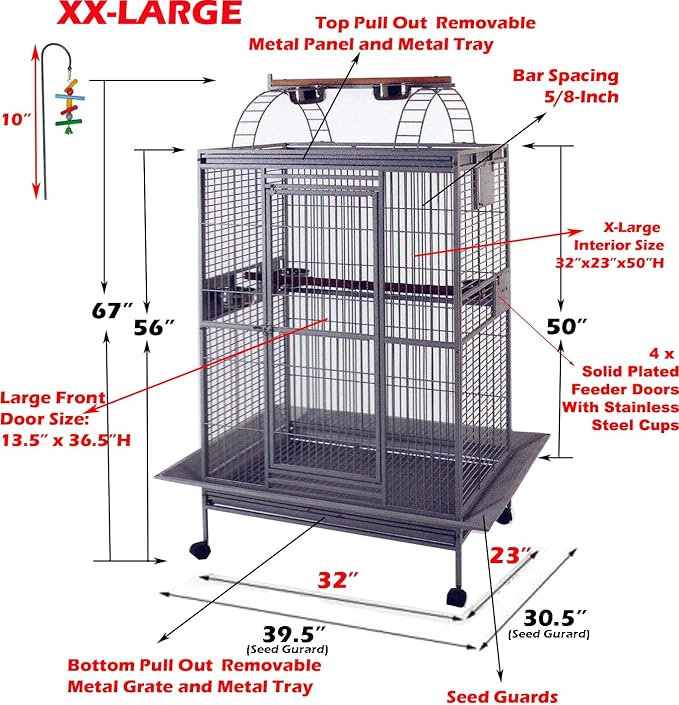 Extra Large Double Ladders Open Play Top Wrought Iron Bird Parrot Parttot Finch Macaw Cockatoo Cage, Include Seed Guard and Toy Hook (32" x 23" x 66"H White Vein)-PawvioPets