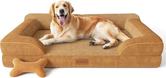 Extra Large Dog Bed, Orthopedic Dog Beds with Cooling Gel Memory Foam, Waterproof XL Pet Bed with Removable Washable Cover, 42" Pet Sofa Couch Dutch Velvet with Bone Toy, Brown-PawvioPets