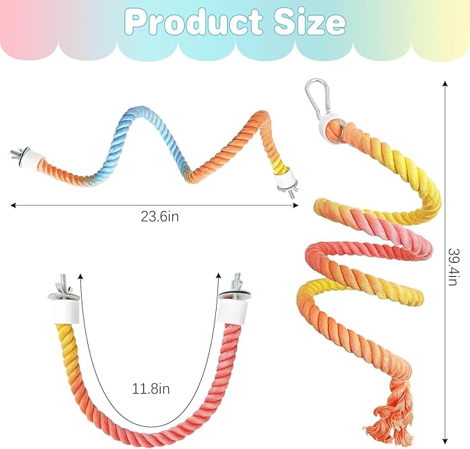 BNOSDM 3 Pcs Rope Perches for Bird Cages Gradient Sunset Color Bendable Climbing Rope Ladders & Swings Birds Cage Accessories Toy for Parakeets, Budgies, Cockatiels, Conures, Lovebirds-PawvioPets