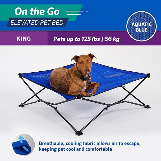 Coolaroo On-The-Go Elevated Dog Bed - Foldable Pop-Up Travel Dog Bed with Breathable, Moisture-Resistant Fabric, Carry Bag Included, Lightweight & Portable, Aquatic Blue, Extra Large-PawvioPets