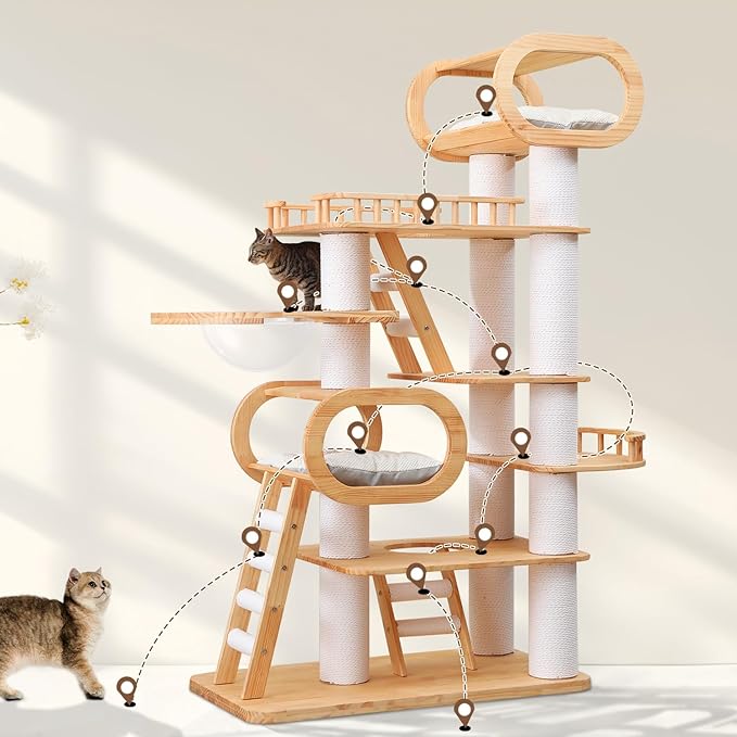 76.8'' Tall Modern Large Cat Tree,Multi-Level Wood Cat Tower for Indoor Cats Large Adults,Luxury Heavy Duty Cat Condo with Cushion,Scratching Posts,Clear Hammock Activity (76.8inch)-PawvioPets