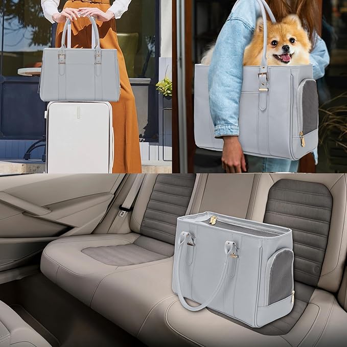 Fashion Pet Carrier Dog Purse Cat Bag Soft-Sided Carriers Travel Airline Approved, Stylish Leather Tote Handbag for Small Animal Puppy Kitten (Grey)-PawvioPets