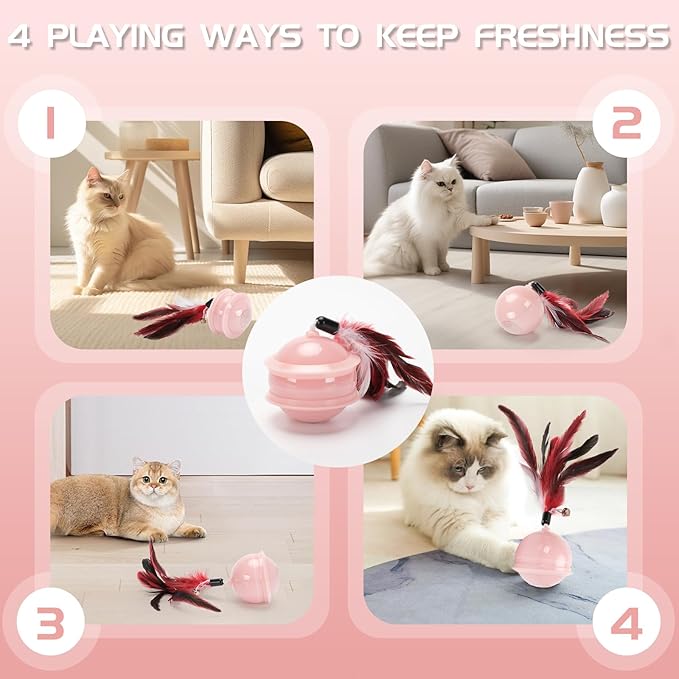 Colurful LED Interactive Cat Feather Toy Ball for Bored Indoor Adult Cats Chase Automatic Moving Ball Rechargeable Self Rolling Automated Tumbler Toy Electric Cat Toy (Pink)-PawvioPets