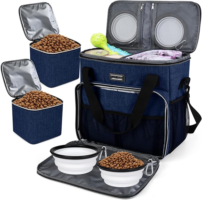 BAGLHER Dog Travel Bag, Pet Travel Bag (ALL Pet Travel Supplies), With 2 Pet Food Containers and 2 Collapsible Silicone Bowls; Essential Kits for Pet Travel Dark Blue-PawvioPets