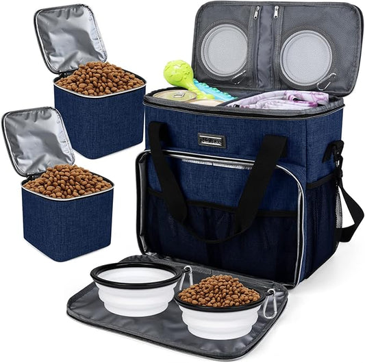 BAGLHER Dog Travel Bag, Pet Travel Bag (ALL Pet Travel Supplies), With 2 Pet Food Containers and 2 Collapsible Silicone Bowls; Essential Kits for Pet Travel Dark Blue-PawvioPets