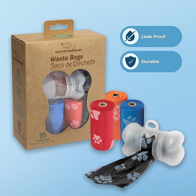 Best Pet Supplies Dog Poop Bags (240 Bags) for Waste Refuse Cleanup, Doggy Roll Replacements for Outdoor Puppy Walking and Travel, Leak Proof and Tear Resistant, Thick Plastic - Assorted Colors-PawvioPets