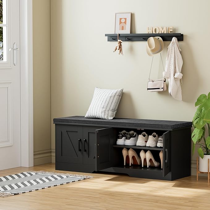 2-Tier Storage Bench, Shoe Bench with Padded Seat Cushion, Entryway Bench with 4 Barn Doors, Adjustable Shelf, 13.8" D x 47.2" W x 17.7" H, for Entryway, Living Room, Bedroom, Black-PawvioPets