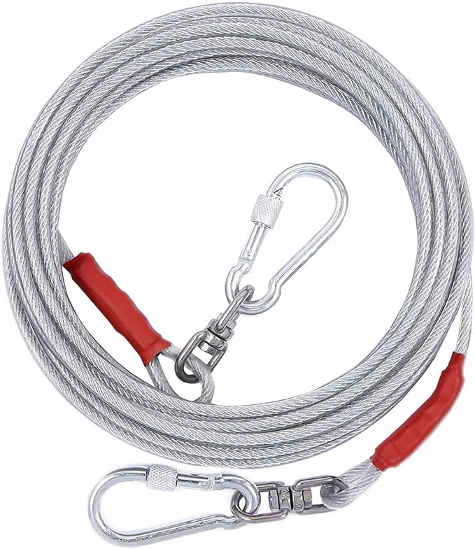 Dog Tie Out Cable for Dogs Outside Up to 125/250lbs,10/20/30/50FT Long Dog Leash&Chains,Small-Large Dogs Runner Cable for Yard,Heavy Duty Lead Line for Outdoor,Camping,Yard(250lbs 50FT, Silver)-PawvioPets