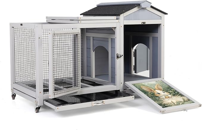 COZIWOW 38.5inches Durable Wooden Rabbit Cage Indoor，Wide Space Small Animal House with Removable Tray&Safety Lock，Rubbit Hutch with Waterproof Roof&Solar Panels (Grey with Pattern)-PawvioPets