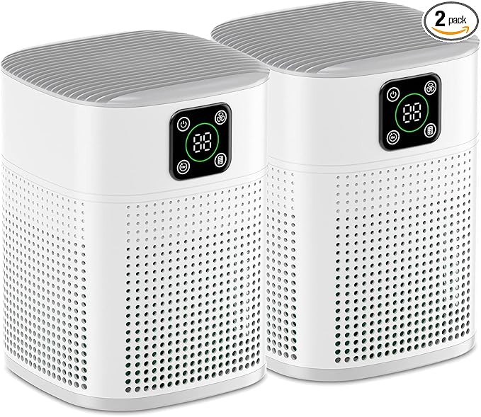 2 Pack Air Purifiers for Home Bedroom up to 650ft², Honeyuan H13 HEPA Air purifier with 360°Air Intake, 3 Fan Speeds, White-PawvioPets