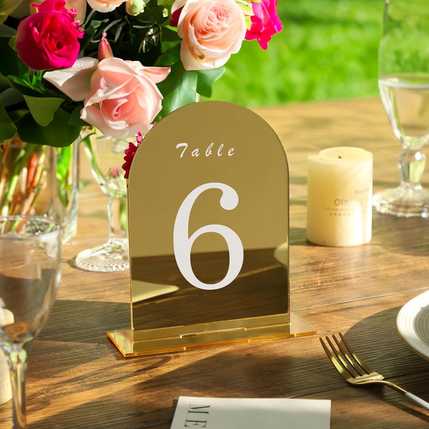 UNIQOOO 10 Pack Acrylic 5x7 Gold Mirror Arch Table Sign for Wedding with Holders, 1/8 in Thick, DIY Blank Arch Sign Sheet Perfect for Decoration, Party,Anniversary, Event, Stand Included