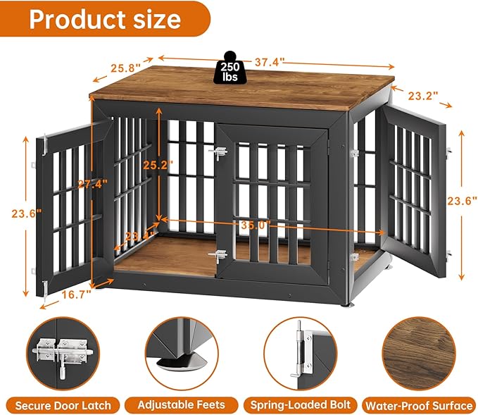 38" Heavy Duty Dog Crate Furniture for Small,Medium and Large Dogs,Rustic Wooden Dog Cage Kennel Indoor Furniture with Waterproof Top,Decorative Pet House Side End Table (Black & Wood)-PawvioPets