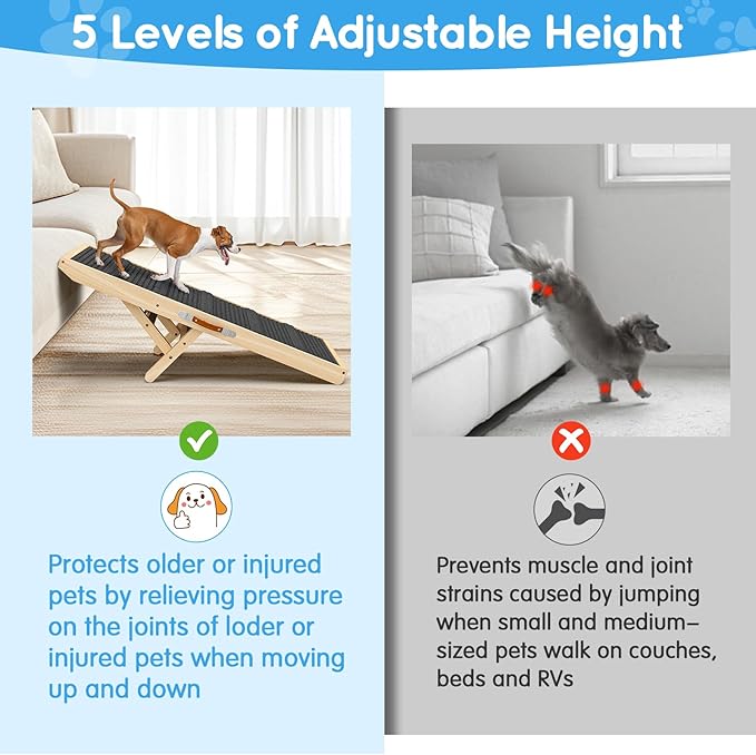 Dog Ramp for Couch, Bed, Wooden Long Pet Stairs for Small & Large Old Dogs & Cats, Hold up to 100lb, Adjustable Height from 11.41" to 20.47", Portable Doggie Steps (39.37" Long)-PawvioPets