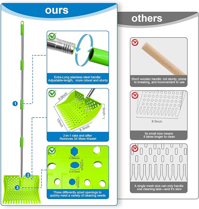 12-Inch 2-in-1 Chicken Poop Scooper & Rake – US Patent Pending – 3-Shape Sifting Holes Chicken Coop Rake，Stainless Steel Handle （20–61"）– Litter Scoop Sand & Sifting Shovel for Chicken Coops(Green)-PawvioPets