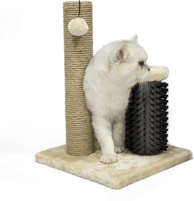 Amazon Basics Cat Scratcher - Indoor Classic Single Cat & Kittens Scratching Post with Brush, Small (16.5" H) - Beige-PawvioPets