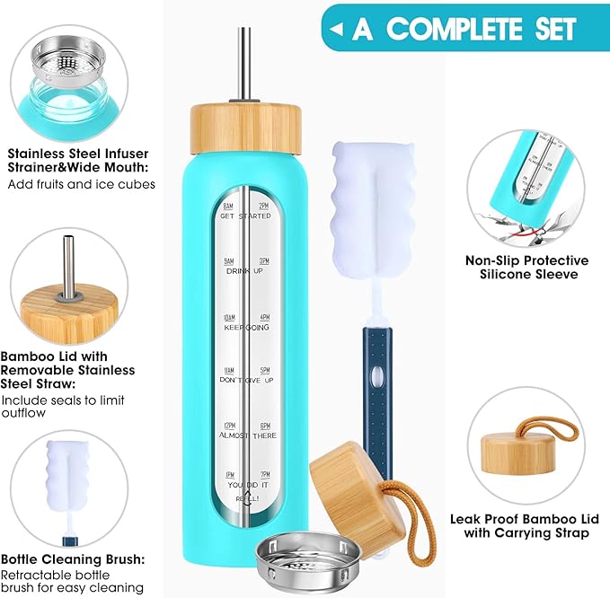 32 oz Glass Water Bottle with Straw - Motivational Time Marker & Silicone Sleeve - Reusable Tumbler Includes 2 Bamboo Lids & Fruit Infuser - 1 Pack-PawvioPets