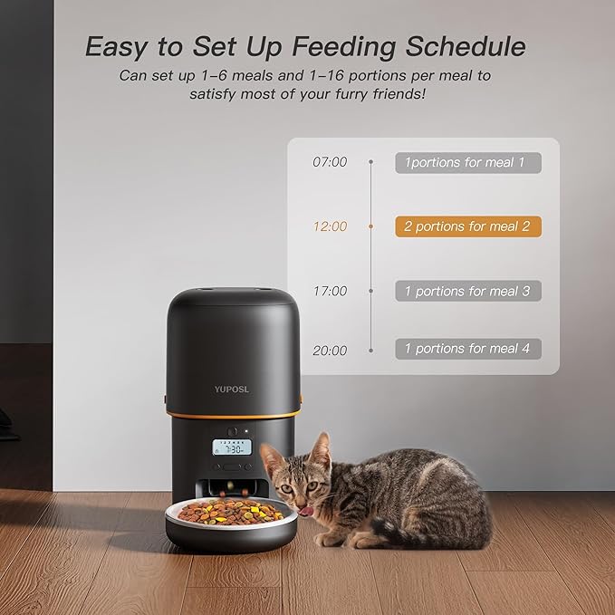 Automatic Cat Feeder - 2L Cat Food Dispenser, Timed Auto Pet Feeder with 180-day Battery Life, 1-6 Meals Per Day, 1-16 Portion, Ceramic Bowl, Desiccant Bag Keeps Dry Food Fresh, Also for Small Dogs-PawvioPets