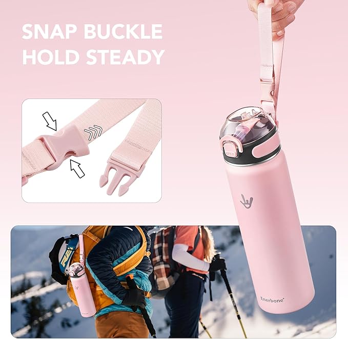 Enerbone 24 oz Insulated Water Bottle, Stainless Steel Bottle with Carrying Strap, Double-Wall Vacuum Insulation Design, Leakproof Sports Bottle with Straw, Keep Drinks Cold or Hot for Hours-PawvioPets