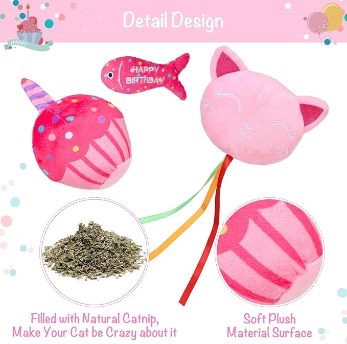 BINGPET Catnip Toys for Indoor Cats, Cat Birthday Hat and Interactive Plush Kitten Chew Toys - Cute Cake, Fish, Balloon Toys with Crinkle Paper and Catnip Inside Pink-PawvioPets