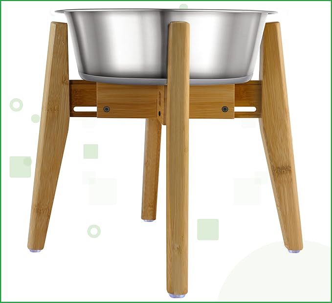 Dog Bowl Stand (12-inch High) - Ideal for Large Breeds - Adjustable Sideways, Slanted Feet - Elevates, Raises Pet Food Feeders, Water Dishes, Fountains, Dispensers - Bamboo Stand Only-PawvioPets