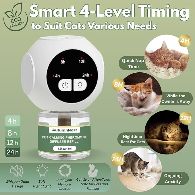 Cat Calming Pheromones Diffuser Kit with Timer – 2 Plug-Ins + 4 Refills (48ml) – 4-Level Timing – Stress Relief for Cats – Helps with Hiding, Scratching, Urine Marking, Travel, Vet Visits-PawvioPets