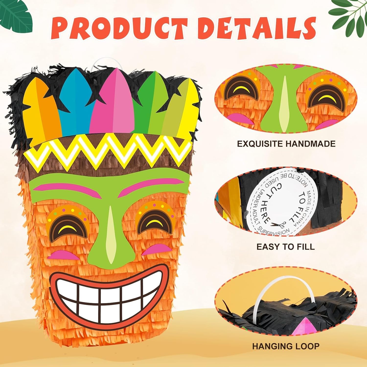 WERNNSAI Tiki Piñata -Tropical Hawaii Piñata with Blindfold and Bat for Girls Boys Kids Piñata Hawaiian Luau Themed Party Decorations for Summer Birthday Party Supplies Carnivals Festivals Celebration