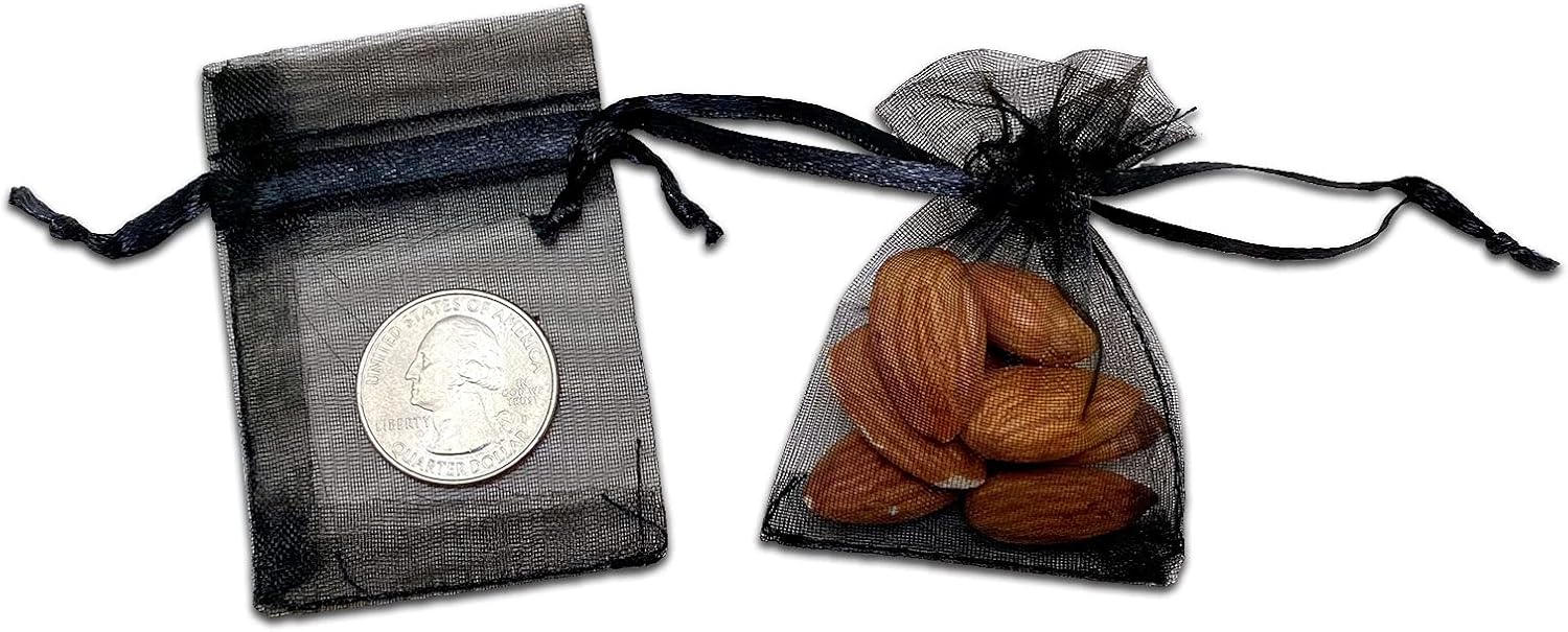 TheDisplayGuys 100-Pack XS 2x2 3/4" Black Sheer Organza Gift & Goodie Bags with Drawstring for Jewelry, Candy, Treat & Wedding Favors